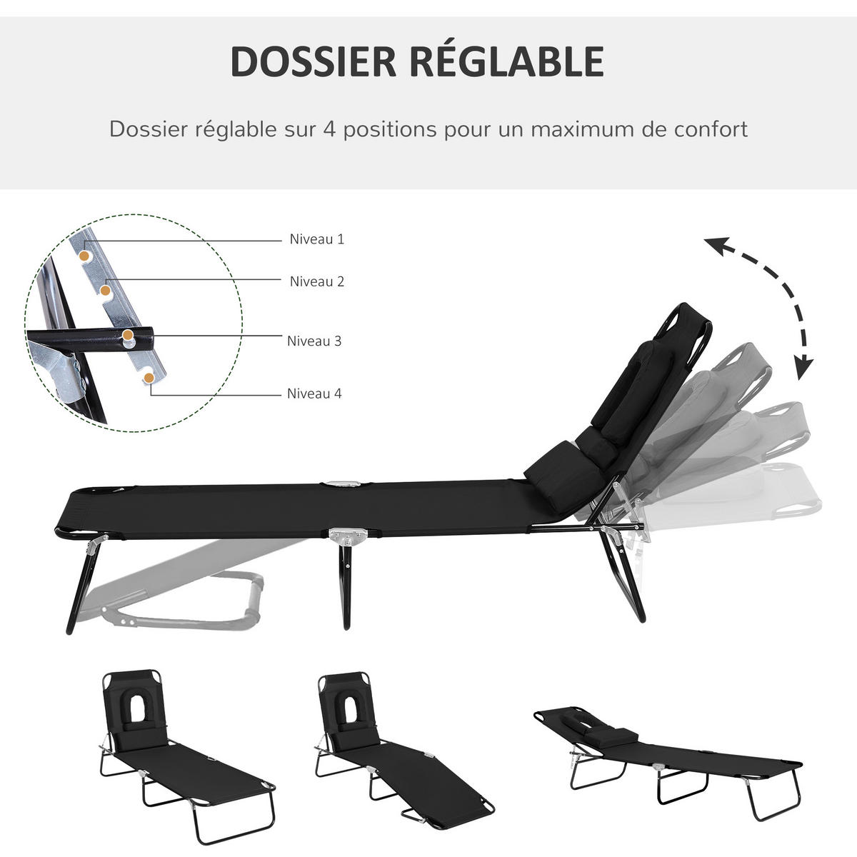 SONNENLIEGE DE-15589 klappbar, 4-fach verstellbar Schwarz - Schwarz, Metall (58/36/187cm) - ComfortXL