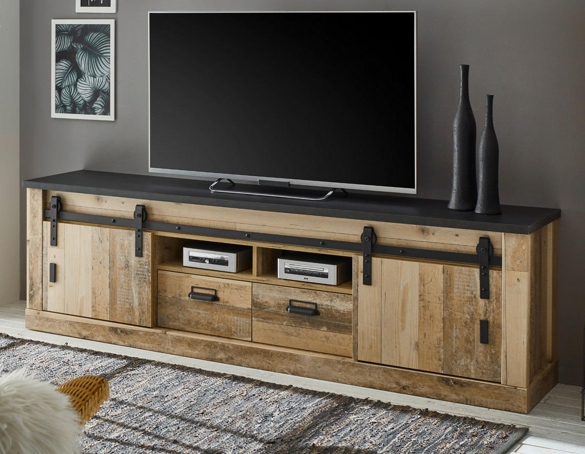 TV-LOWBOARD Used Wood hell, anthrazit 201 x 61 cm, TV Unterteil in Komforthöhe - Anthrazit/Schwarz, Holzwerkstoff/Metall (201/61/63cm) - Furn.Design