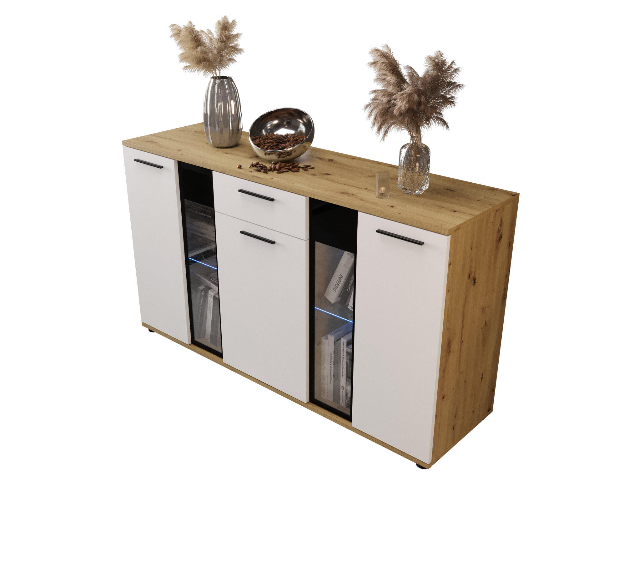 KOMMODE London LSK mit 3 Türen, Sideboard in Farbe: Weiß|Braun, Größe: 140 x 80 x 40 cm - Weiß/Braun, Holzwerkstoff (140/80/40cm) - O-Sofa