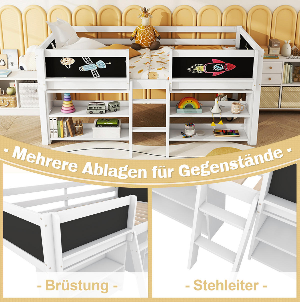 HALBHOHES BETT 90/200 cm, Weiß mit Stauraum, Leiter, ohne Matratze - Weiß, Holz (90/200cm) - MIVRAY