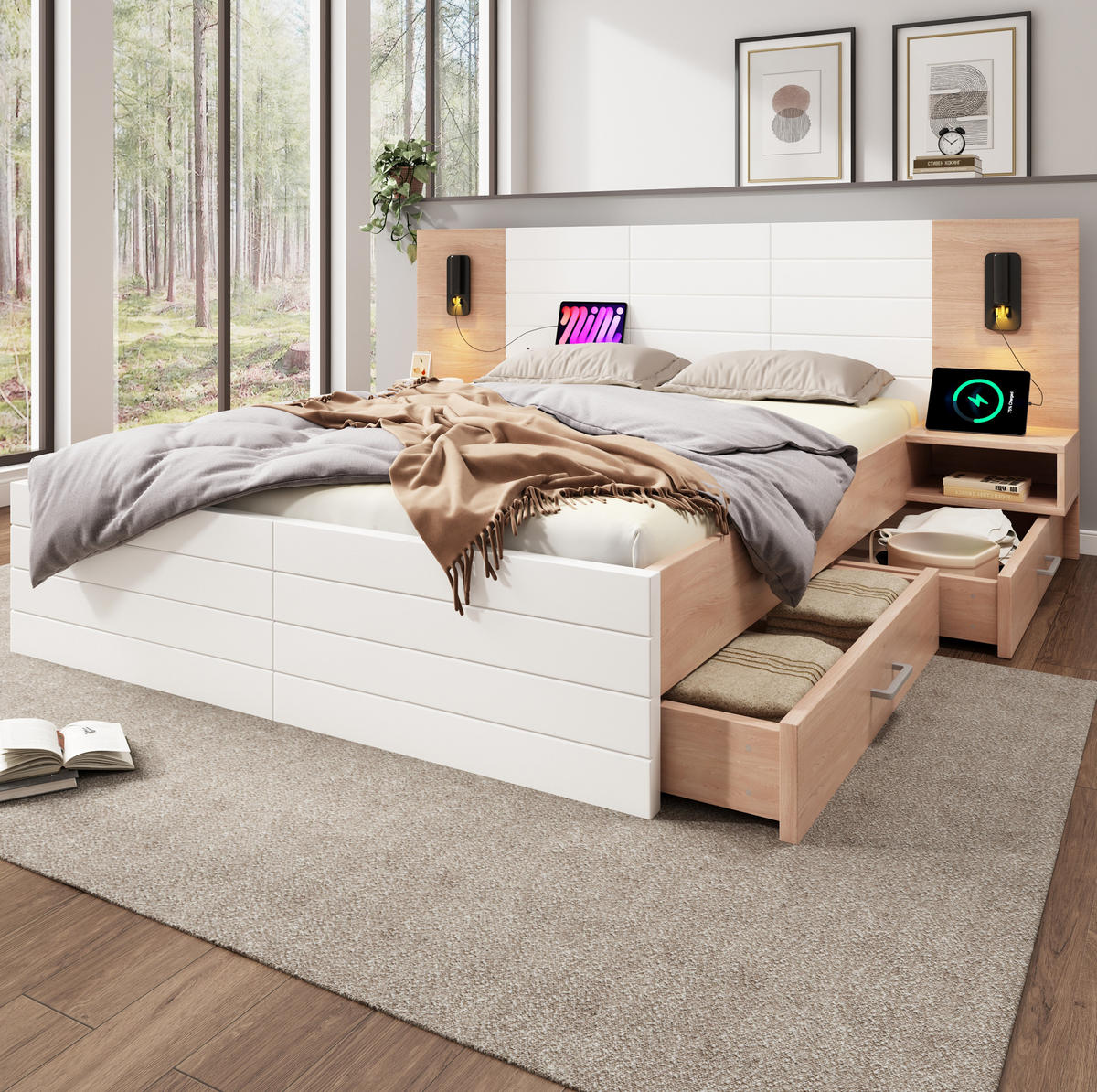 DOPPELBETT 140/200 cm mit USB, Leselampe, 2 Schubladen und Nachttischen aus Massivholz/MDF, Weiß/Eichefarben - Weiß, Holzwerkstoff (140/200cm) - Redom