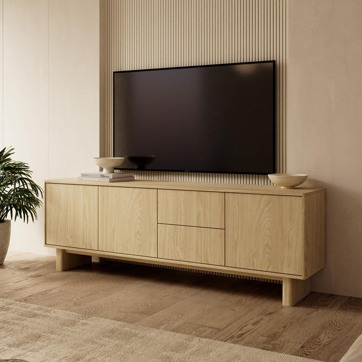 TV-BOARD VIRONE (Geölte Eiche, 3 Türen, 2 Schubladen, Vollauszug, Push-to-Open) - Eichefarben, Holz/Holzwerkstoff (183/62/38cm) - Ravio