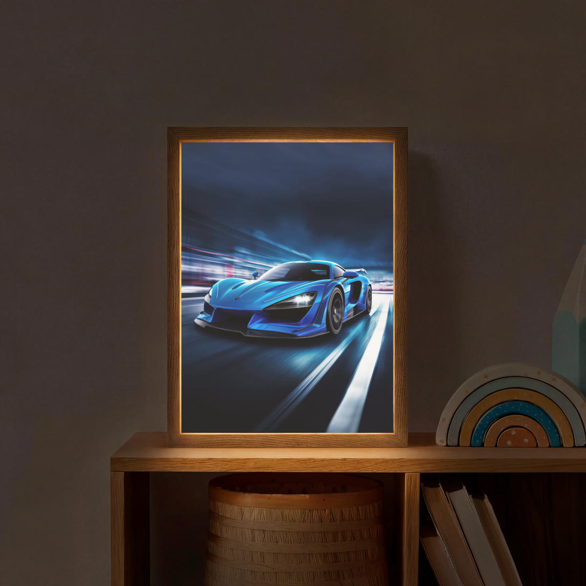 DOBÍJECÍ NOČNÍ LAMPIČKA Auto - Modrá - Chlapci - Dítě 30x40 cm - modrá, kompozitní dřevo (8/30/40cm) - OnlyWow