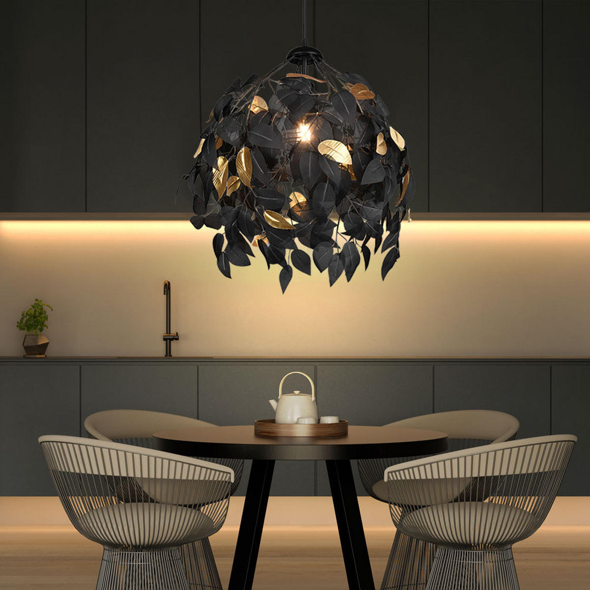 HÄNGELEUCHTE Blattdesign Metall Schwarz matt - Schwarz, Metall (38/38/150cm)