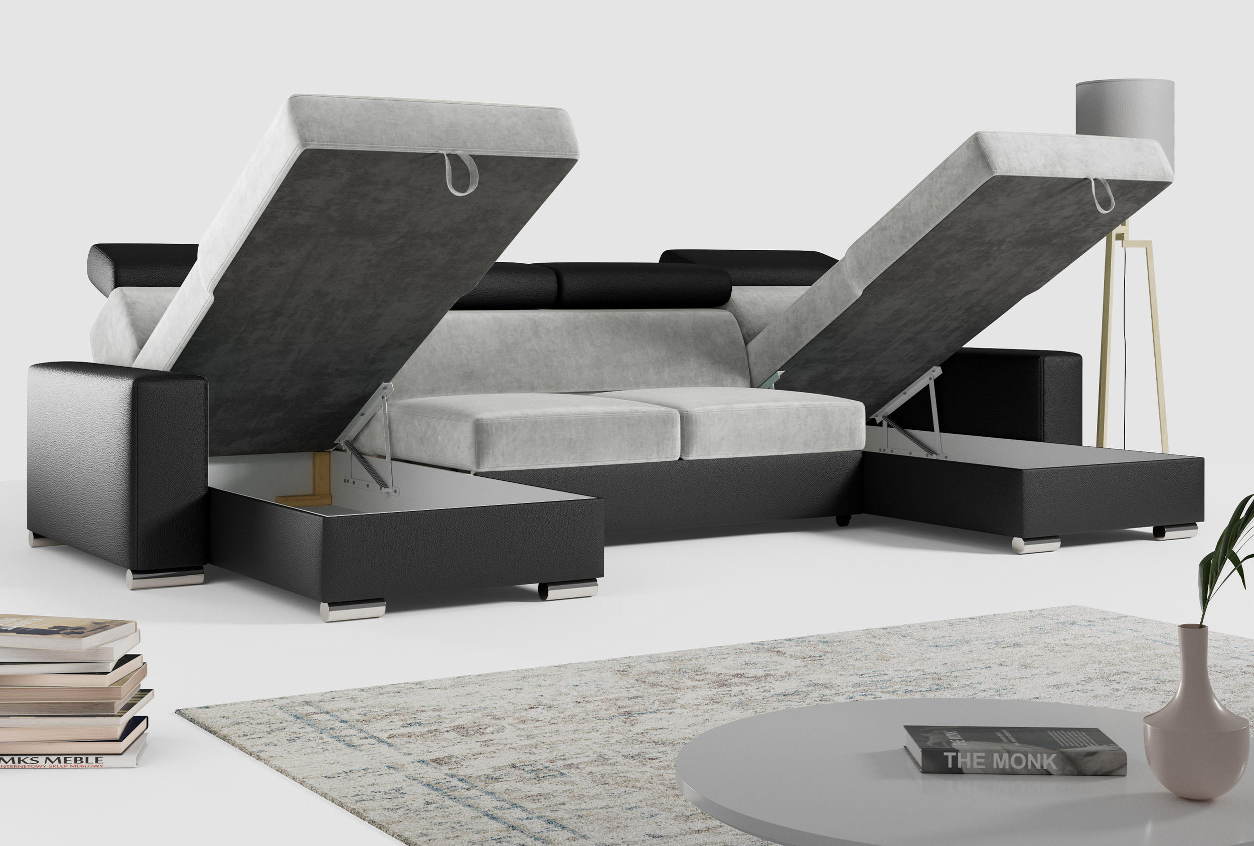 Thumbnail - MKS Wohnlandschaft, Hellgrau, Schwarz, Textil, 6-Sitzer, U-Form, 306x98x168 cm, Wohnzimmer, Sofas & Couches, Wohnlandsch...