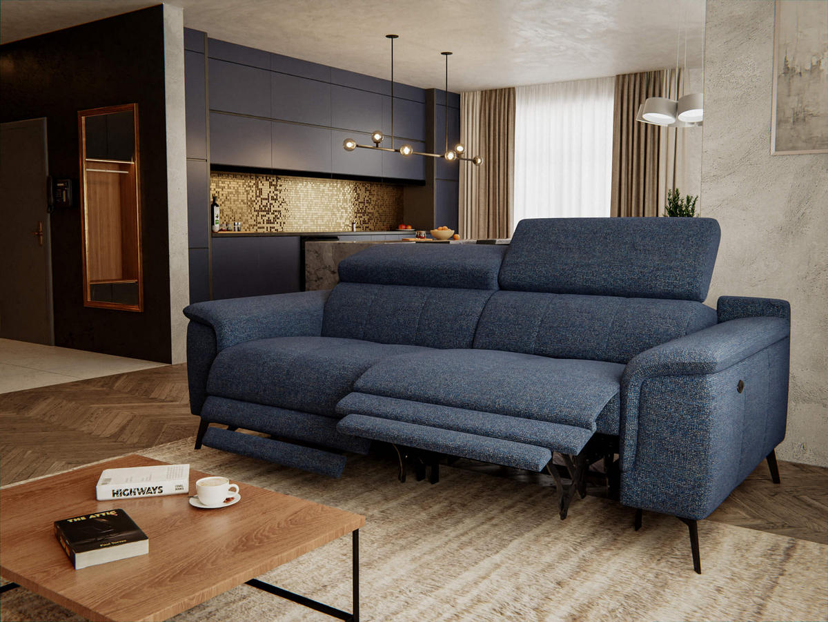 RELAXSOFA FIERO 3-Sitzer mit 2 Relaxfunktionen, dunkelblau - Schwarz/Dunkelblau, Holzwerkstoff/Textil (212/82/103cm) - Courtois Laville