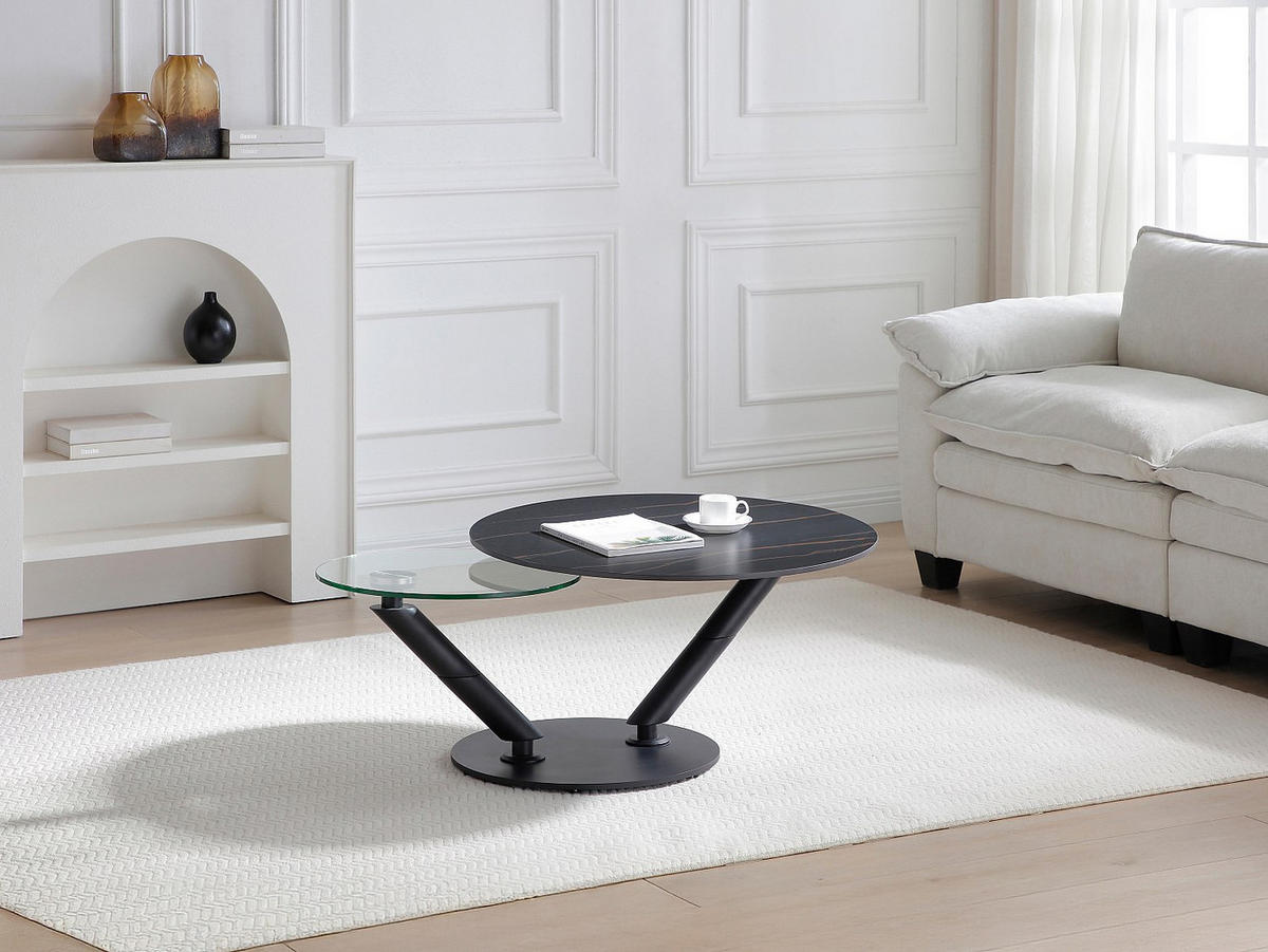 COUCHTISCH mit drehbaren Tischplatten - Keramik, Sicherheitsglas & Metall - Marmor-Optik Schwarz - ELDOVA - Schwarz, Glas (130/80/43cm) - Vente-Unique