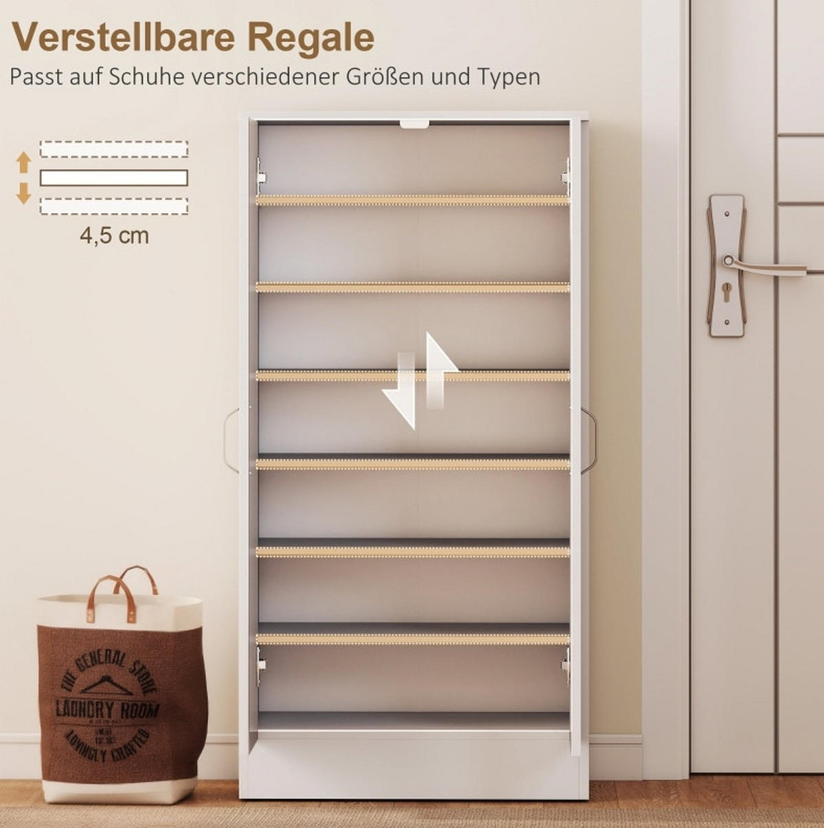 SCHUHSCHRANK 55/35/108 cm mit verstellbaren Regalen, Dämpfungsscharnieren und Kippschutz, Weiß - Weiß, Holz (55/108/35cm) - Redom