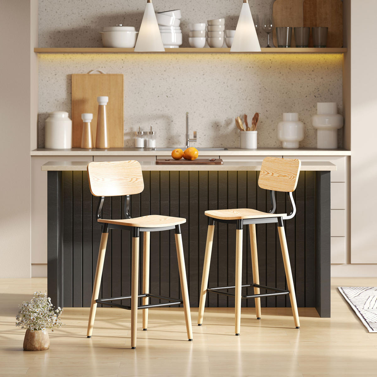 BARHOCKER 2er-Set mit Rückenlehne, Hellbraun - Naturfarben, Holzwerkstoff (41/94/47cm) - HOMCOM