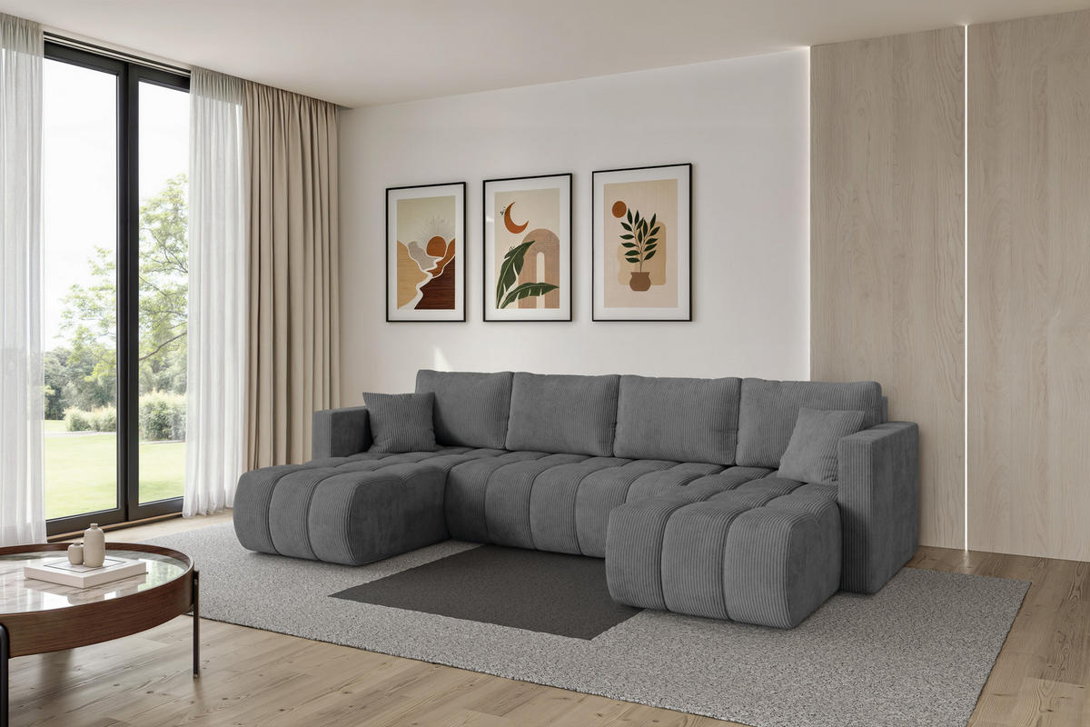 SEDACÍ SOUPRAVA DO U s funkcí spaní a úložným prostorem GARD-U 300x146x85 tmavě šedá manšestr - černá/tmavě šedá, kompozitní dřevo/textil (300/85/146cm) - ALTDECOR