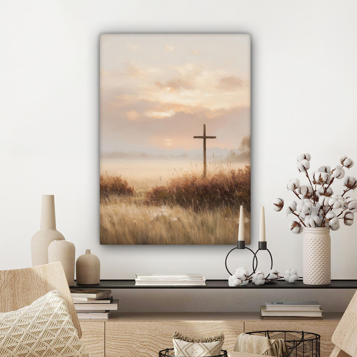LEINWANDBILD Gras - Morgennebel - Kreuz - Christentum Wandbild Wohnzimmer 60x80 cm - Beige, Textil (60/80cm) - MuchoWow