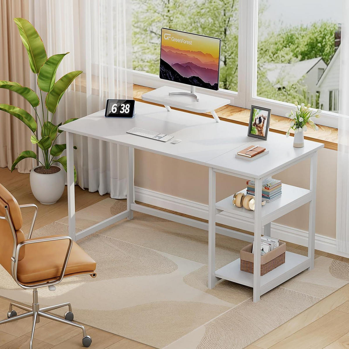 SCHREIBTISCH mit Stauraum und Monitorständer 140 cm Reinweiß - Weiß, Holzwerkstoff (50/140/75cm)