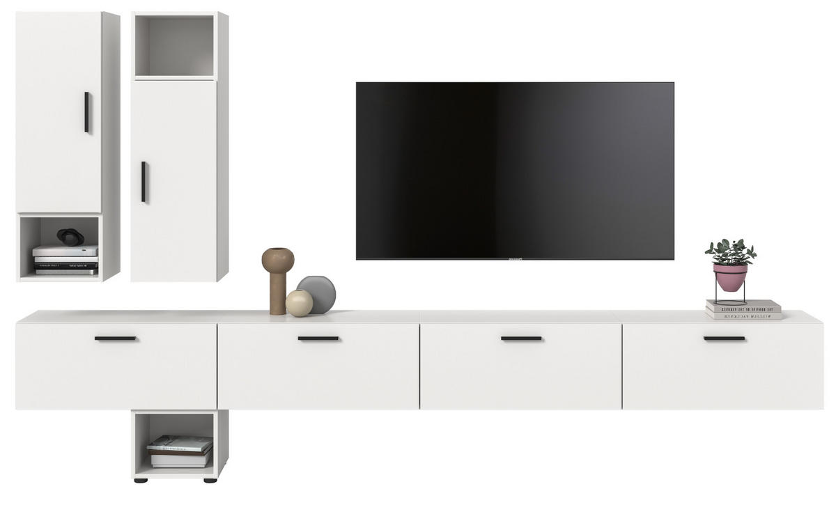WOHNWAND weiß 300 cm, Wohnkombination hängend / stehend - Schwarz/Weiß, Holzwerkstoff/Kunststoff (300/178/34cm) - Inn.Furn
