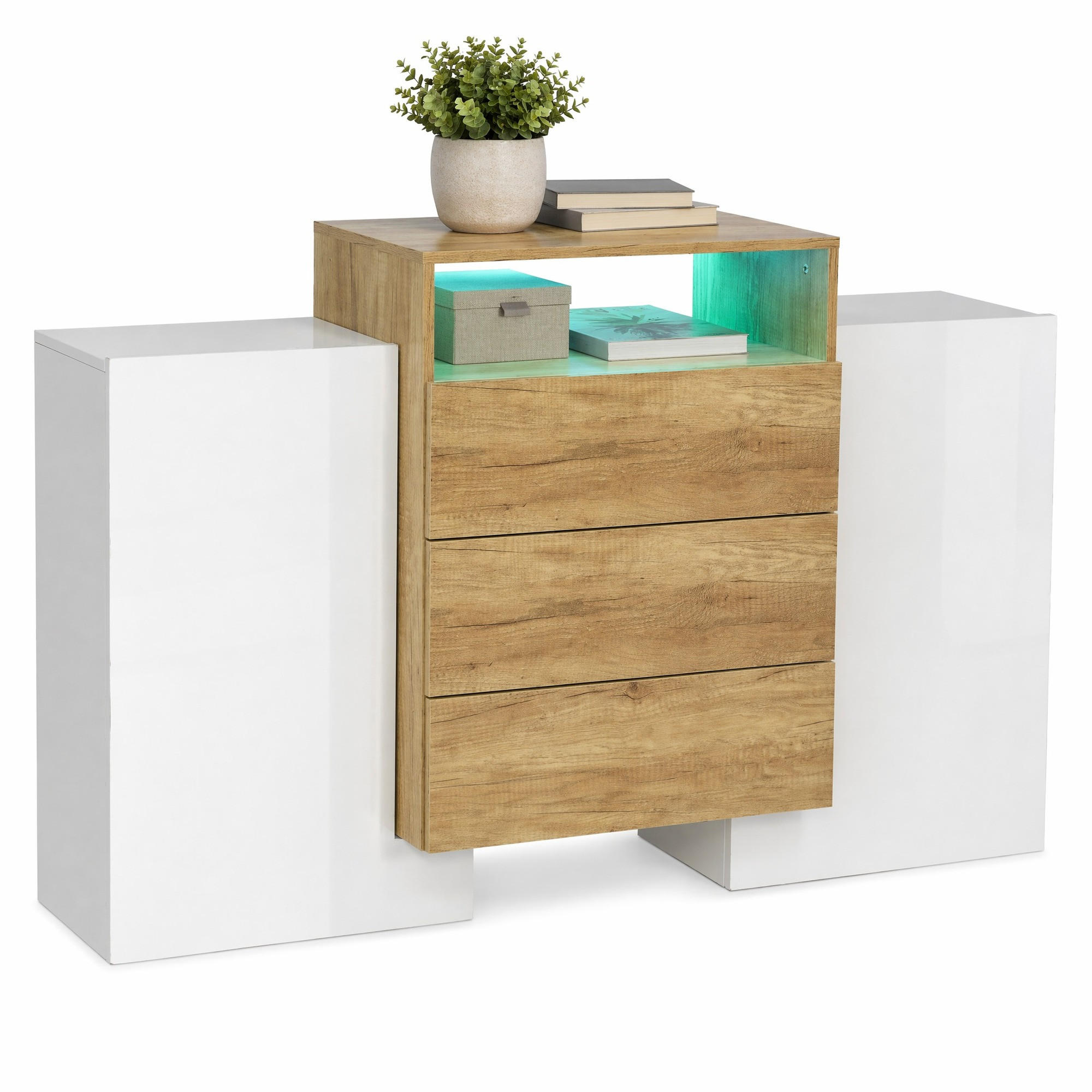 SIDEBOARD in Weiß Kommode mit LED-Lichteffekte für Wohnzimmer und Schlafzimmer, B140/T30/H77.5 cm - Weiß/Naturfarben, Holzwerkstoff/Metall (140/90.5/30cm) - STILVORA