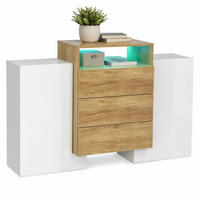 SIDEBOARD in Weiß Kommode mit LED-Lichteffekte für Wohnzimmer und Schlafzimmer, B140/T30/H77.5 cm - Weiß/Naturfarben, Holzwerkstoff/Metall (140/90.5/30cm) - STILVORA