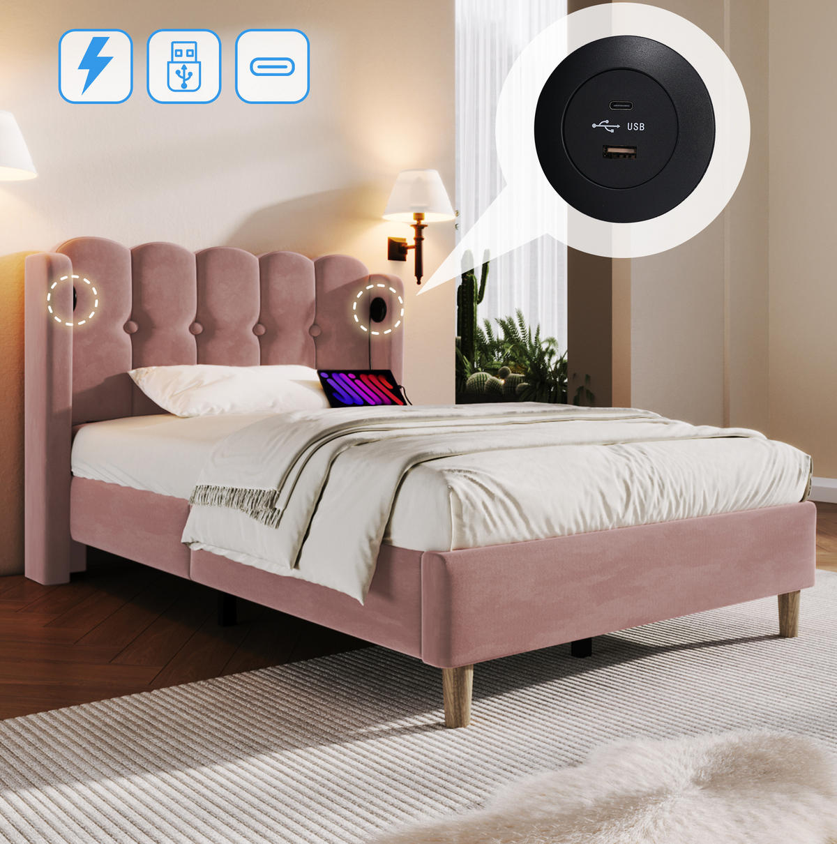 POLSTERBETT 90/200 cm Rosa aus Samt mit USB Typ-C Ladefunktion - Rosa, Textil (90/200cm) - OKMYHOME