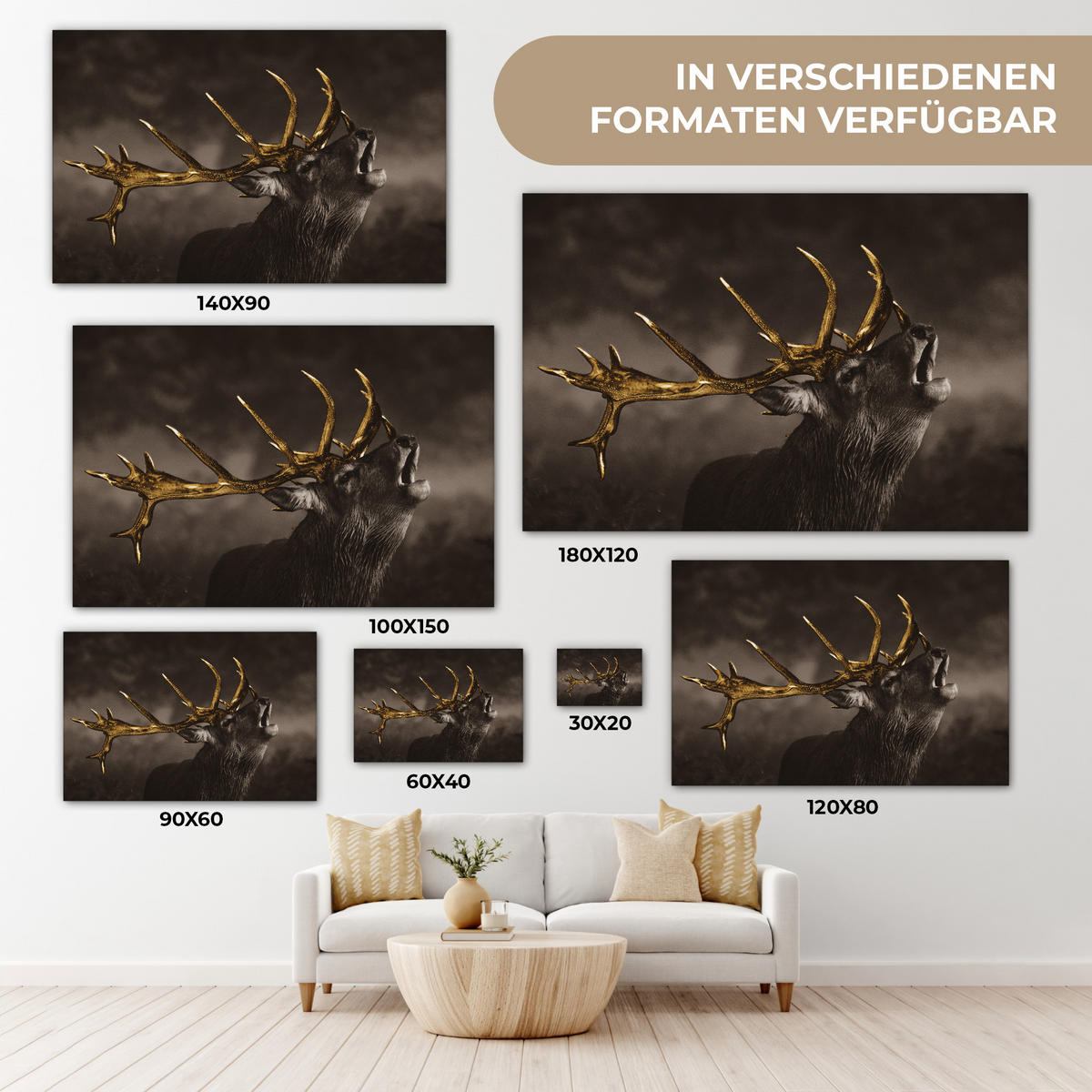 LEINWANDBILD Rotwild - Schwarz - Gold Groß 140x90 cm - Braun, Textil (140/90cm) - MuchoWow