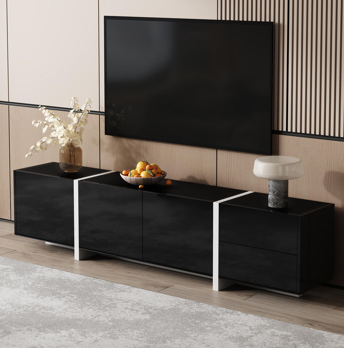 TV-LOWBOARD aus Holzwerkstoff 170x30x39 cm Schwarz/Weiß mit 3 Türen, 1 Schublade, Klappe und Kabeldurchlass - Schwarz, Holzwerkstoff (170/39/30cm) - Modfu
