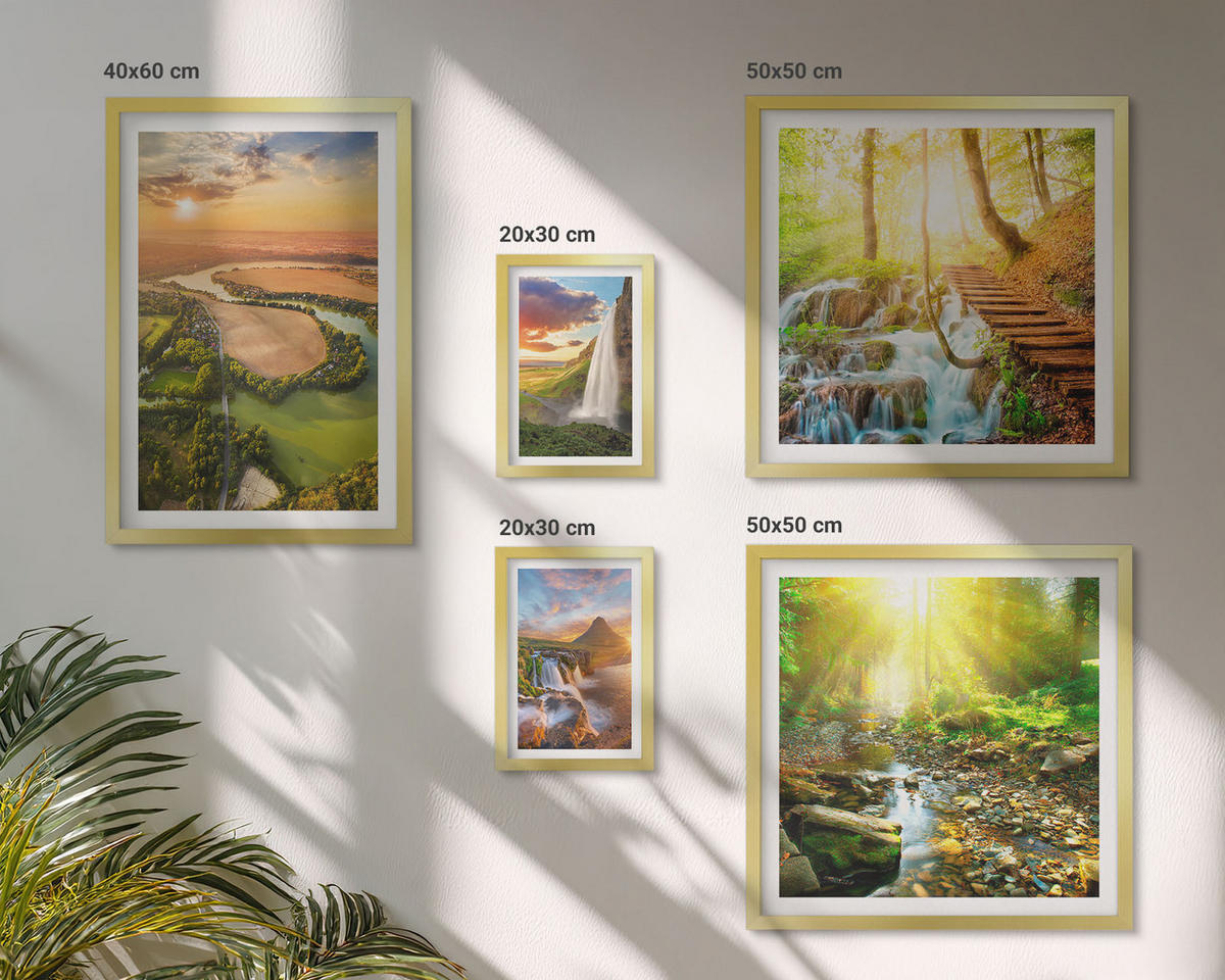 WANDBILDER 5er Set - 50x50 cm & 20x30 cm & 40x60 cm Goldrahmen - Orange Mountain Wasserfall - Goldfarben, Kunststoff (40/60cm) - ArtPrintCave