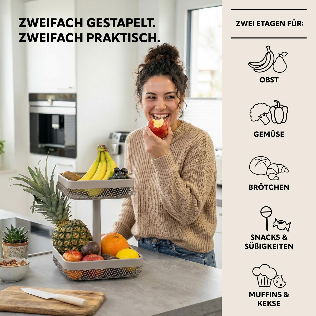 OBSTETAGERE, eckig, 2-stöckig, Ø 20 cm und 25 cm, taupe, Metall - Taupe, Metall (30cm) - eluno