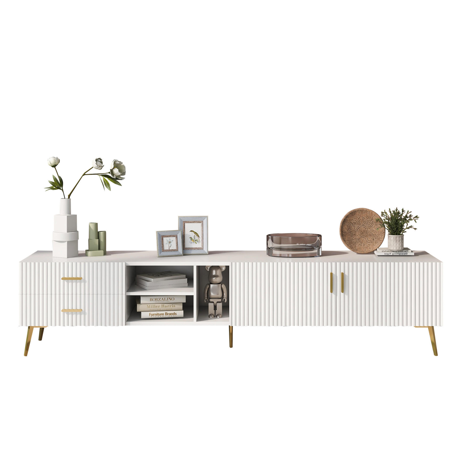 OKWISH TV stolek 180/35/41 cm bílý z MDF pro TV do 80" se 2 zásuvkami a 3 otevřenými přihrádkami
