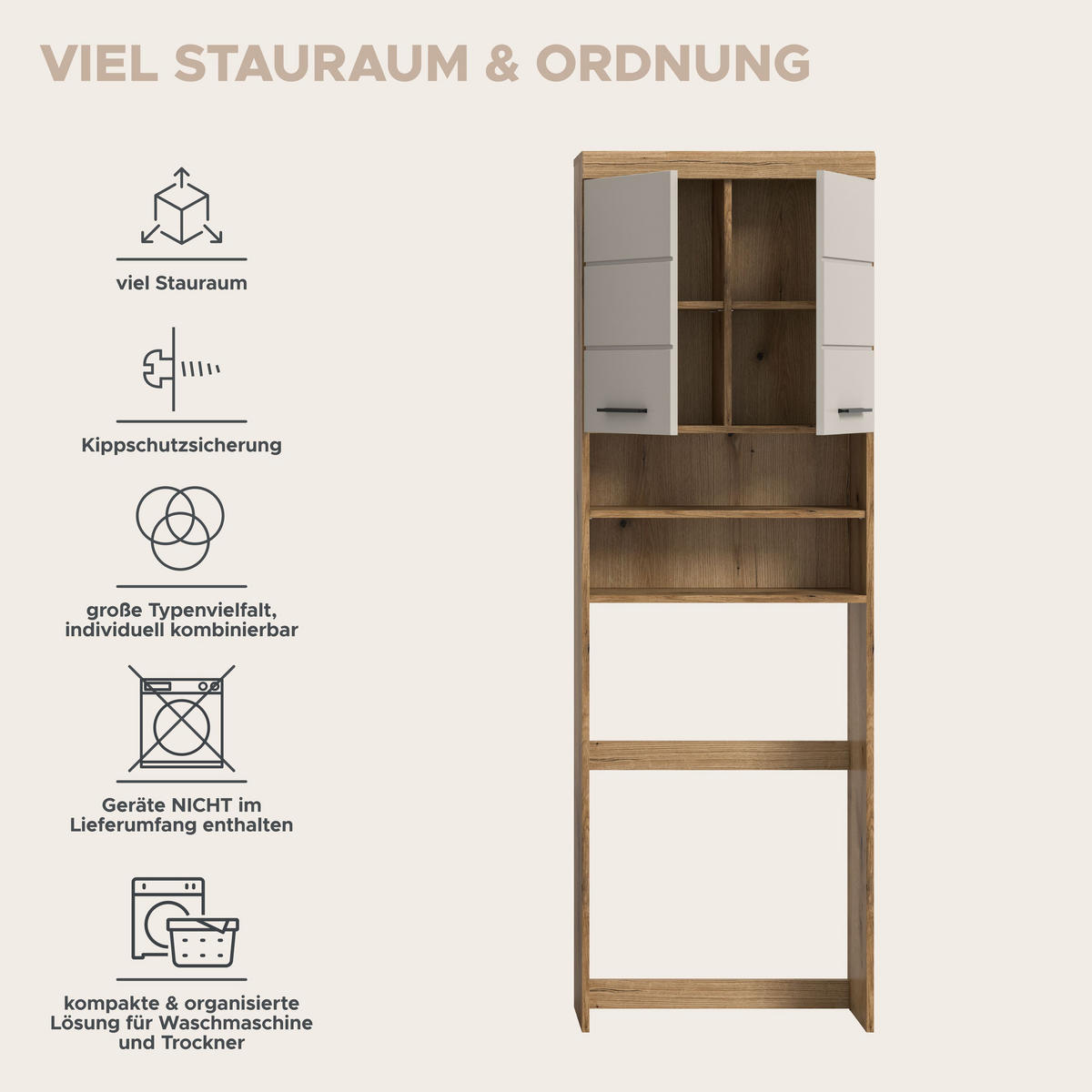 WASCHMASCHINENÜBERBAU Vento (B/H/T: ca. 63/191/24 cm) in Evoak Oak Nachbildung/- - Eichefarben, Holz (63/191/24cm)