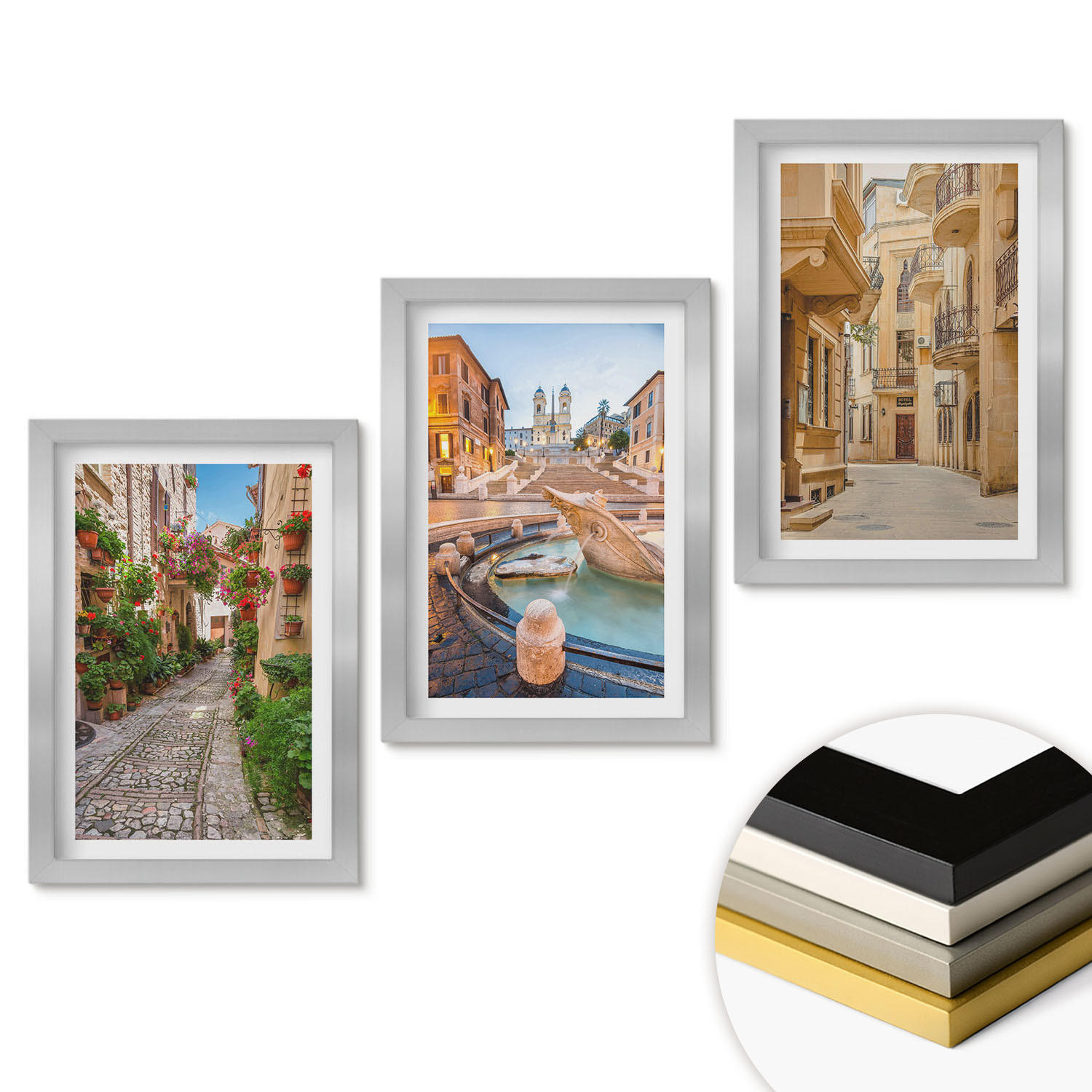 WANDBILDER 3er Set - 20x30 cm Silberner Rahmen - Die bezaubernden Straßen des Brunnens - Silberfarben, Kunststoff (20/30cm) - ArtPrintCave