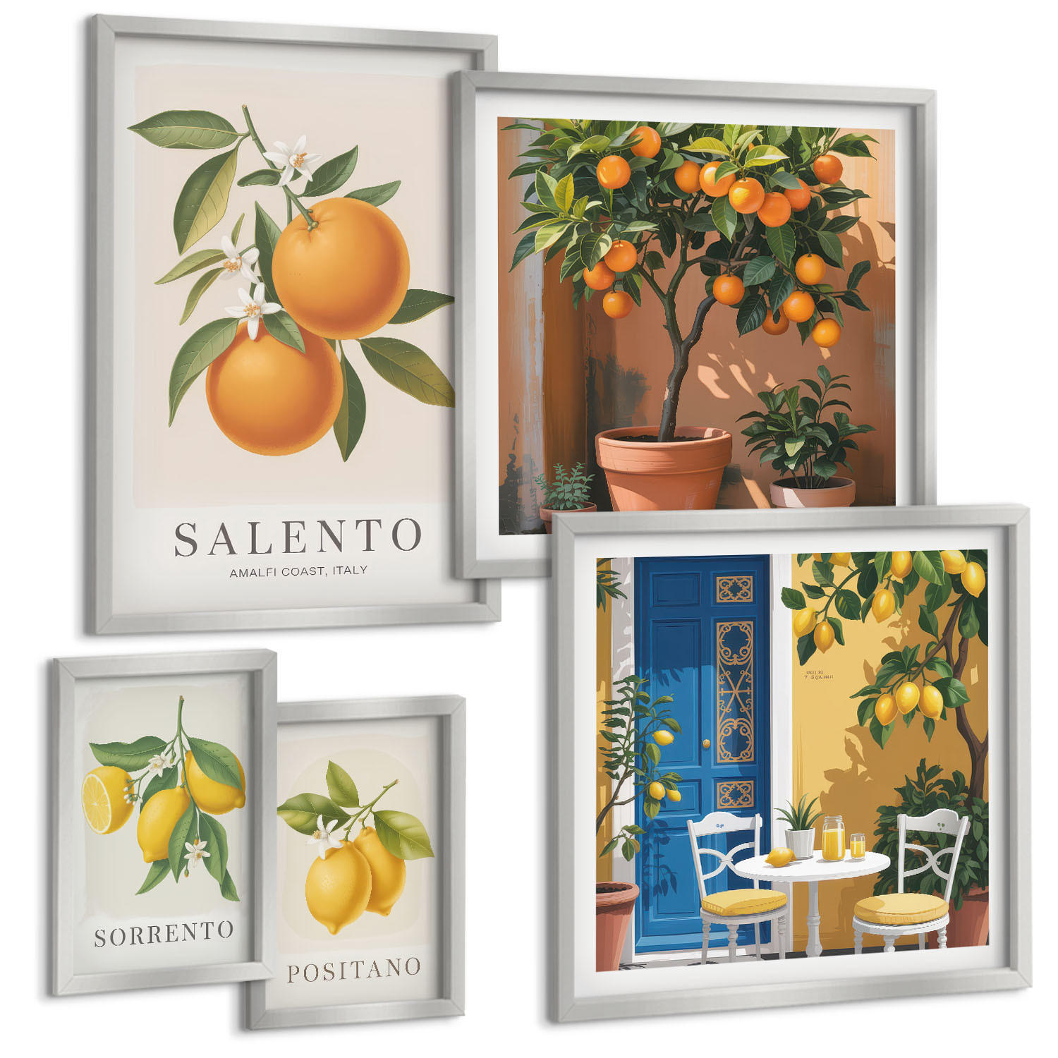 BILDER SET 5er Set - 50x50 cm & 20x30 cm & 40x60 cm Silberner Rahmen - Zitronenorange Blütenmuster - Silberfarben, Kunststoff (40/60cm) - TULUP