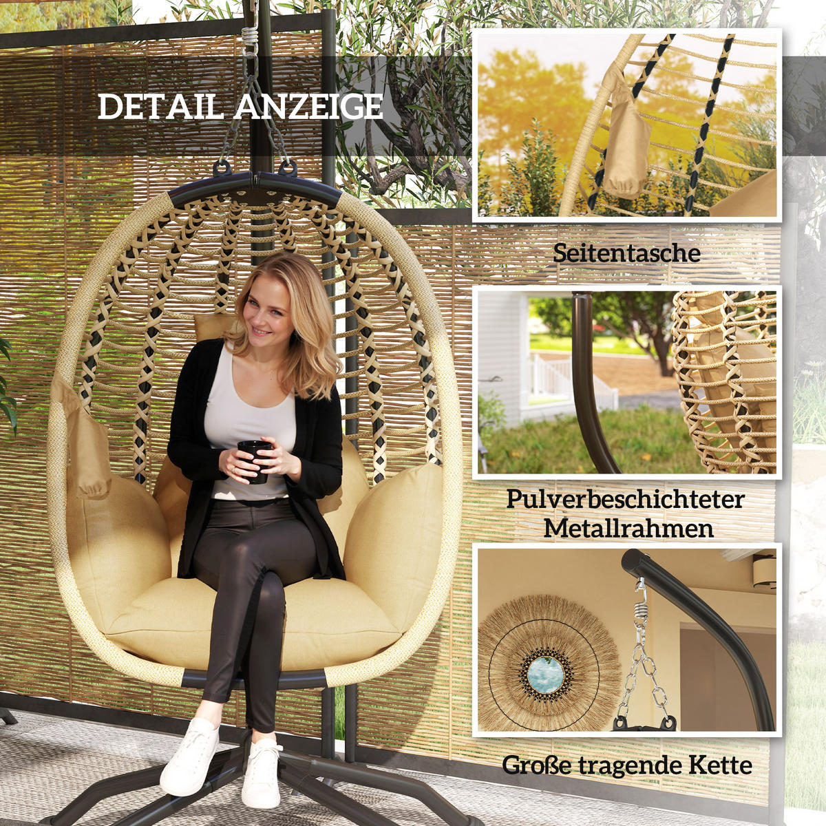 HÄNGESESSEL faltbar mit waschbarem Sitz Beige - Beige, Textil/Metall (100/188/110cm) - Outsunny