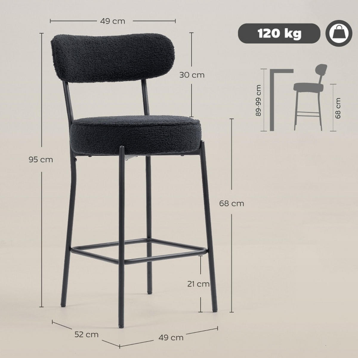 2ER-SET BARHOCKER mit Polstersitz und Fußstütze Schwarz - Schwarz, Metall (49/95/52cm) - Meubliv