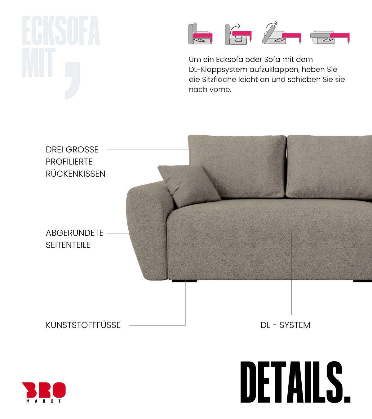 ECKSOFA Rotterdam mit Schlaffunktion Braun Bouclé - Graubraun, Textil (238/141cm) - Bromarkt