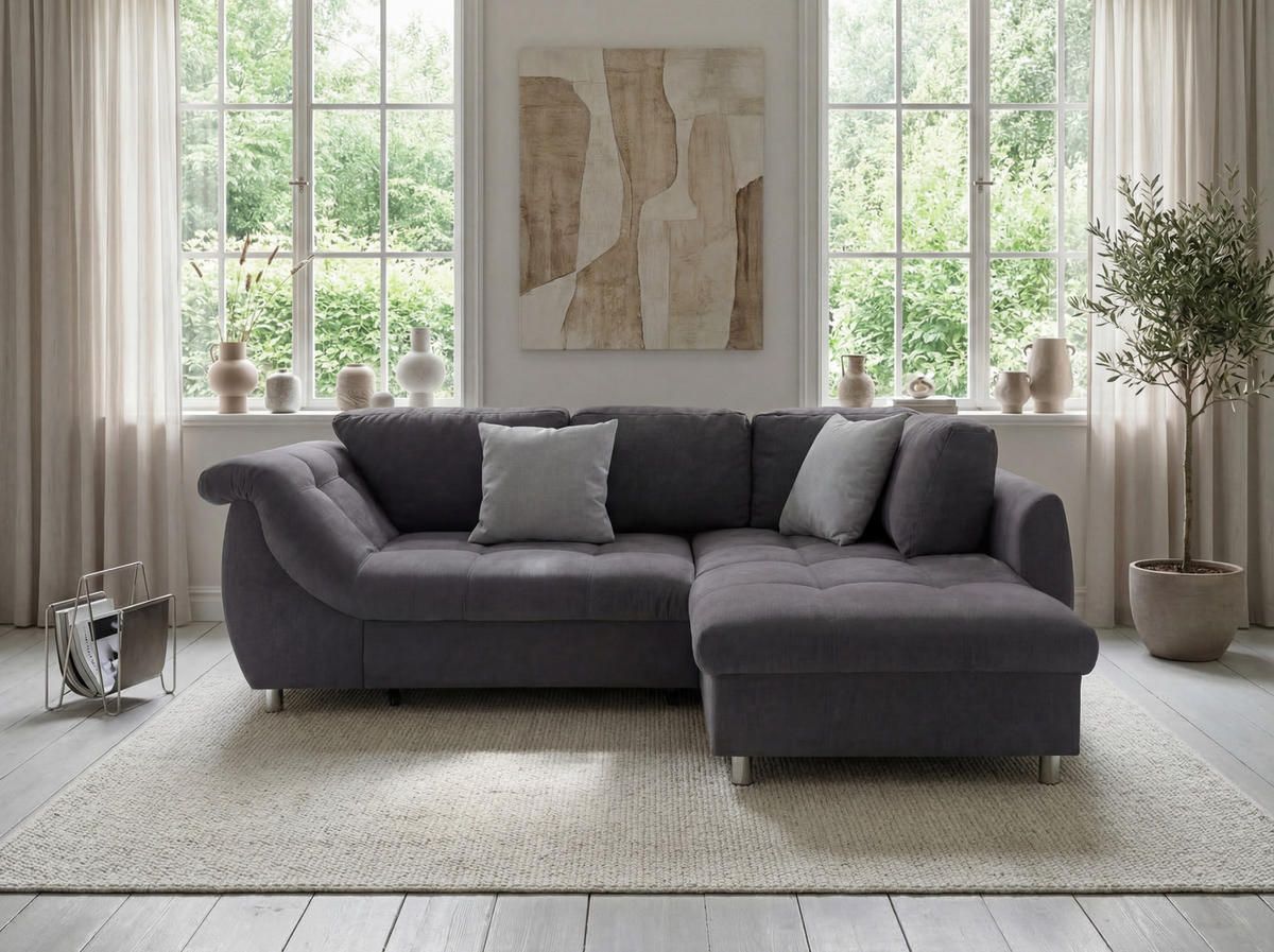 ECKSOFA mit Schlaffunktion, Bettkasten, Wellenunterfederung, Ottomane rechts B250/T190/H84 cm, Liegefl. 179x190 cm, Mikrofaser Anthrazit / 17005 - Chromfarben/Anthrazit, Textil/Metall (250/190cm) - luma-home