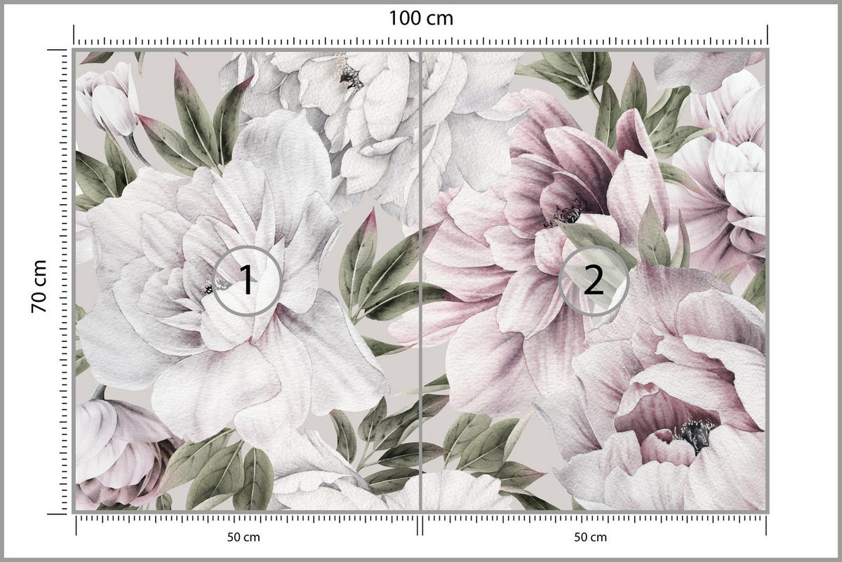 FOTOTAPETE für Schlafzimmer Pastell Pfingstrosen Boho Pflanzen 100x70 - Violett/Rosa, Papier (100/70cm) - Muralo