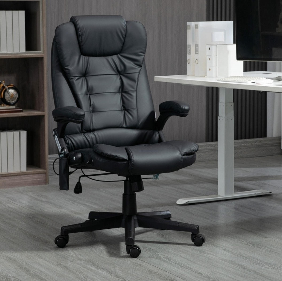 KANCELÁRSKE kreslo 54/44–54 cm čierne z umelej kože s masážou ohrevom a výškovým nastavením - čierna, plast (70/121/70cm) - OKWISH