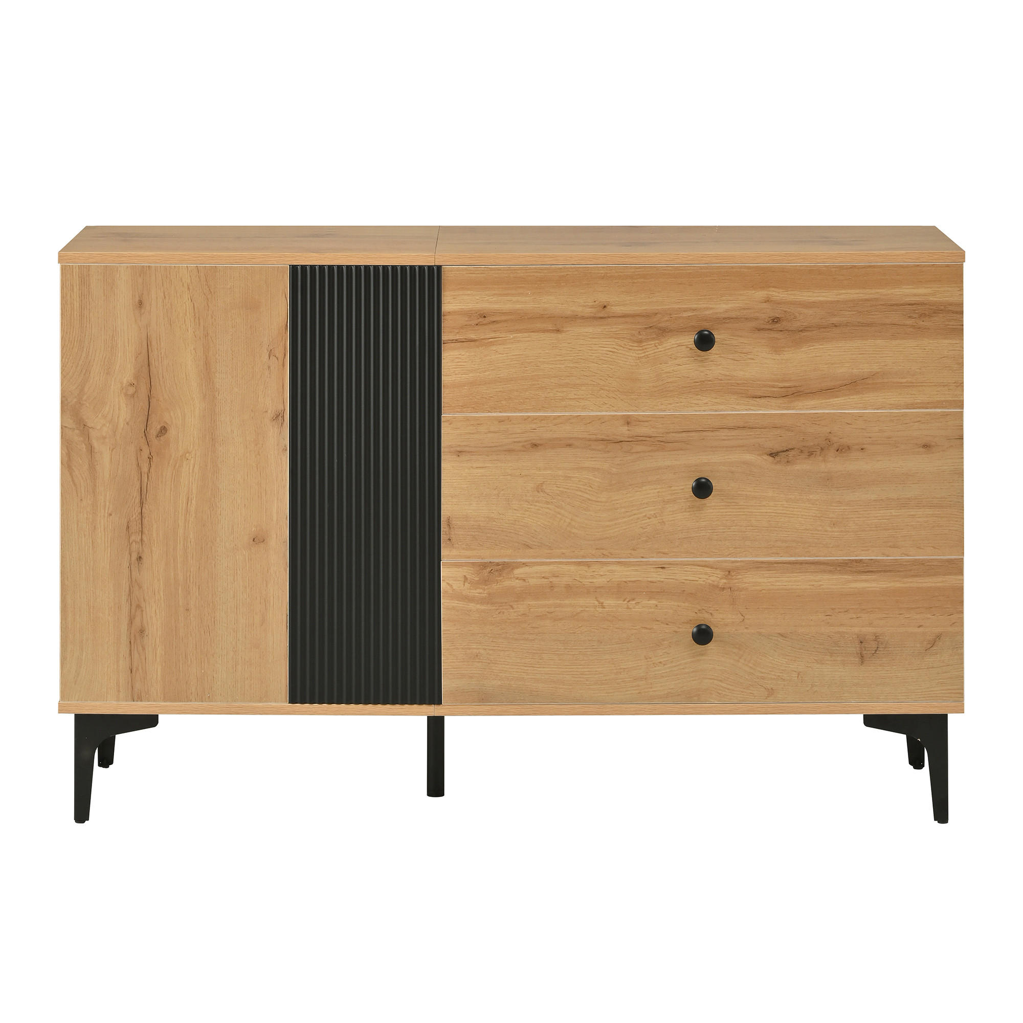 BUFET de 120 cm din lemn natural si negru, cu usa si 3 sertare