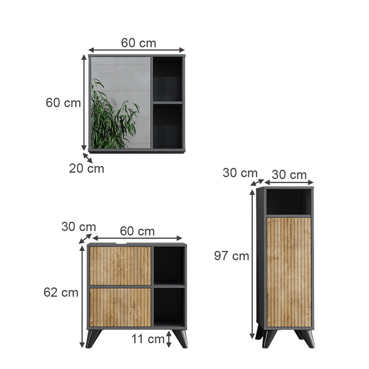 BADMÖBEL-SET Leano Anthrazit/Bergeiche 3 Teile - Eichefarben/Anthrazit, Holzwerkstoff (60/62/30cm) - Vicco
