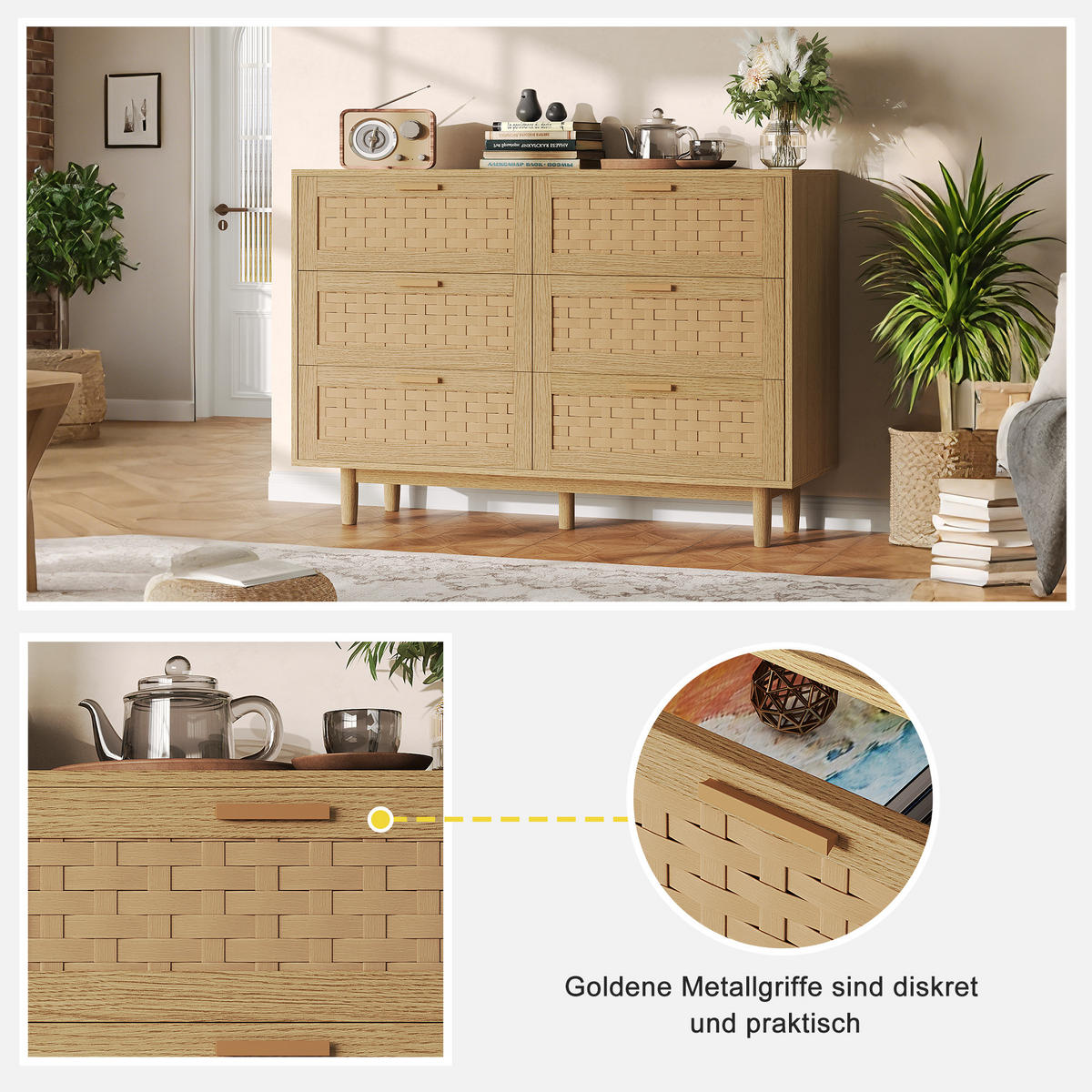 SIDEBOARD 115x40x80 cm Rattan 6 Schubladen Holz - Naturfarben, Holz (115/80/40cm) - LEBENLANG