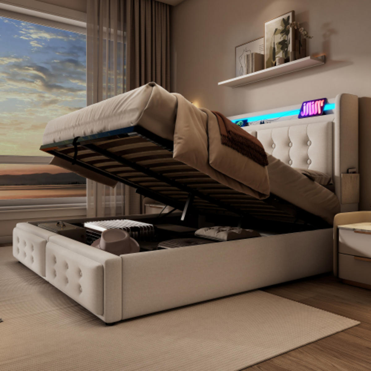 POLSTERBETT 140x200cm Doppelbett LED-Kopfteil USB-C Hydraulik Beige - Beige, Holz (140/200cm) - FLIEKS