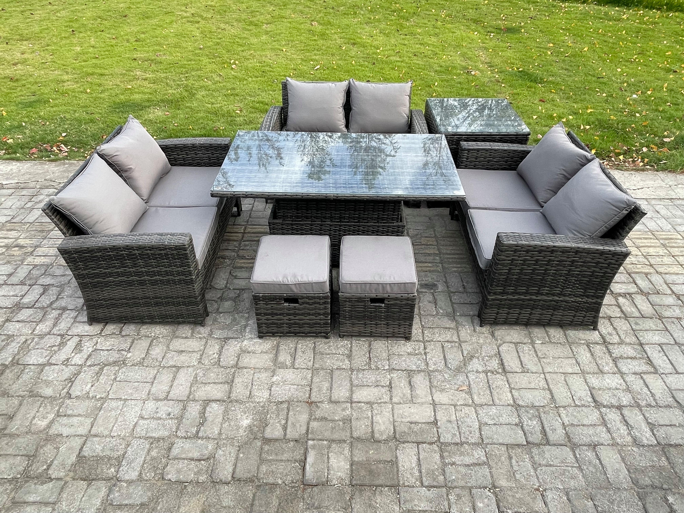 GARTEN-LOUNGE-SET HÖHENVERSTELLBARER ESSTISCH DOPPELSITZ-SOFA BEISTELLTISCHE 2 HOCKER Polyrattan Dunkelgrau Gemischt 8-Sitzer - Dunkelgrau, Metall - Fimous
