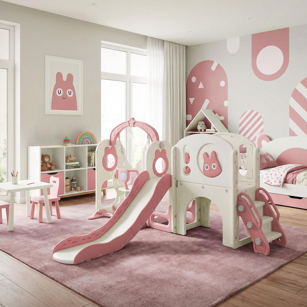 DĚTSKÁ SKLUZAVKA s herní věží a houpačkou, růžová, z plastu - růžová, plast (217/105/162cm) - Joyz