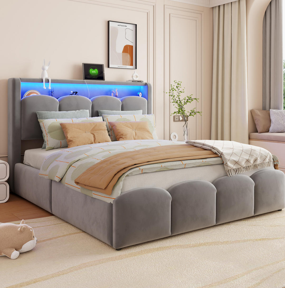 ČALOUNĚNÁ postel 140/200 cm s LED osvětlením, USB a USB-C, hydraulickým úložným prostorem a sametovým potahem, Šedá - šedá, textil (140/200cm) - Redom
