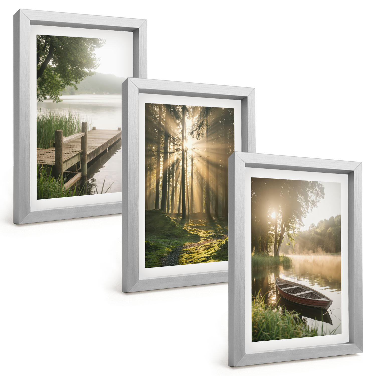 BILDER SET 3er Set - 20x30 cm Silberner Rahmen - See, Wald, Boot, Morgennebel - Silberfarben, Kunststoff (20/30cm) - TULUP