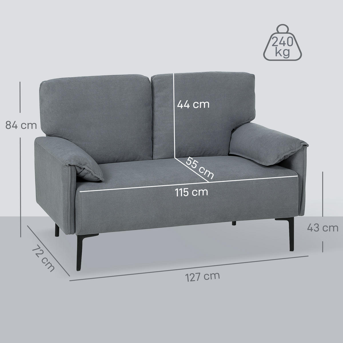 SOFA 2-Sitzer 127 cm Kleine Gepolstert Couch mit Armlehne, Samtoptik, Grau - Schwarz/Grau, Textil/Metall (72/84/127cm) - HOMCOM