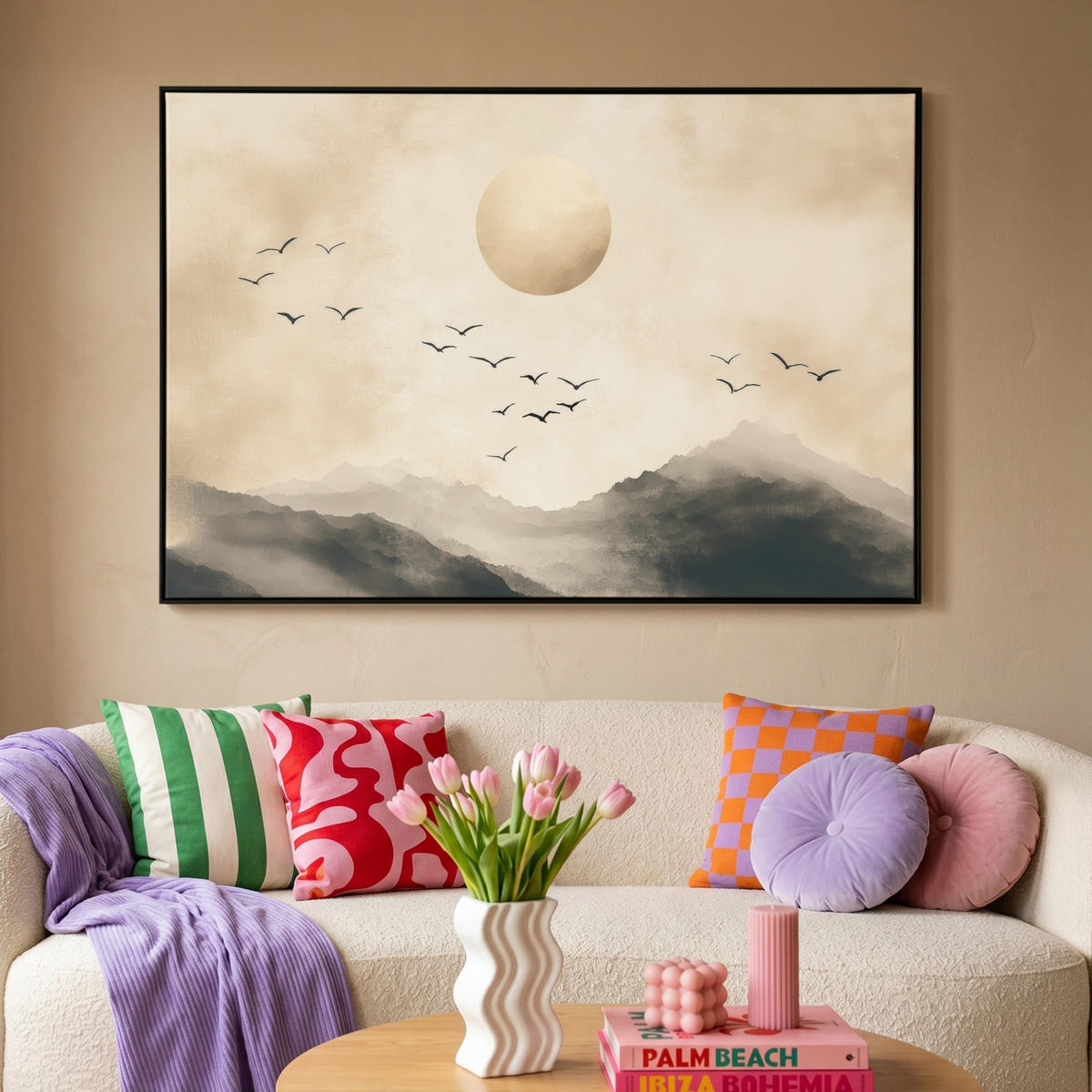 LEINWAND Bilder mit Rahmen - Landschaft - Japandi - Vogel - 140x90 - Beige, Textil (140/90cm) - MuchoWow