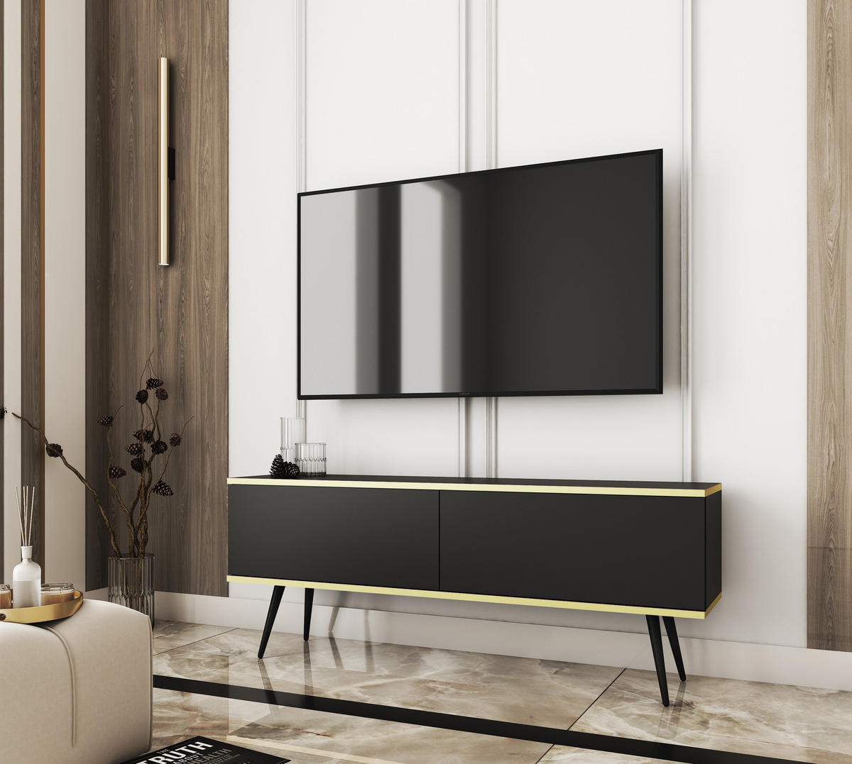 TV-LOWBOARD FORNO (Schwarz, Goldene Details, 2 Türen, schwarze Metallfüße, 135 cm) - Schwarz, Holz/Holzwerkstoff (135/53/32cm) - Ravio