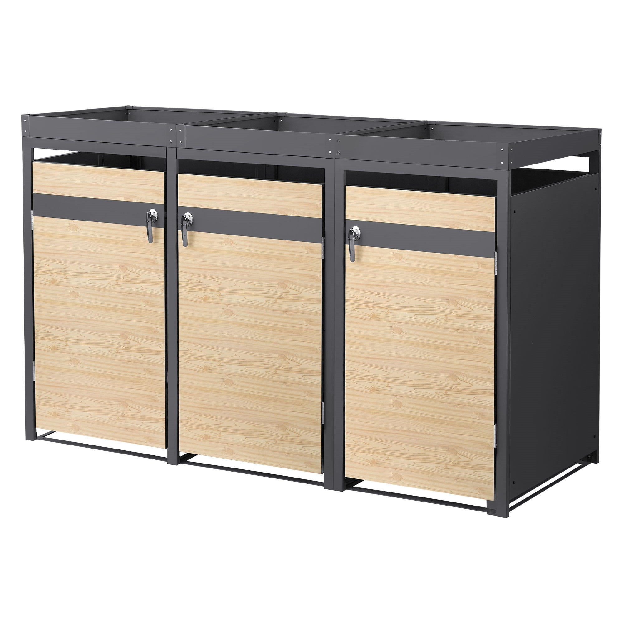 MÜLLTONNENBOX 3er mit Pflanzdach Anthrazit-Lärchenoptik - Hellbraun, Metall (200/124/80cm) - ML-DESIGN