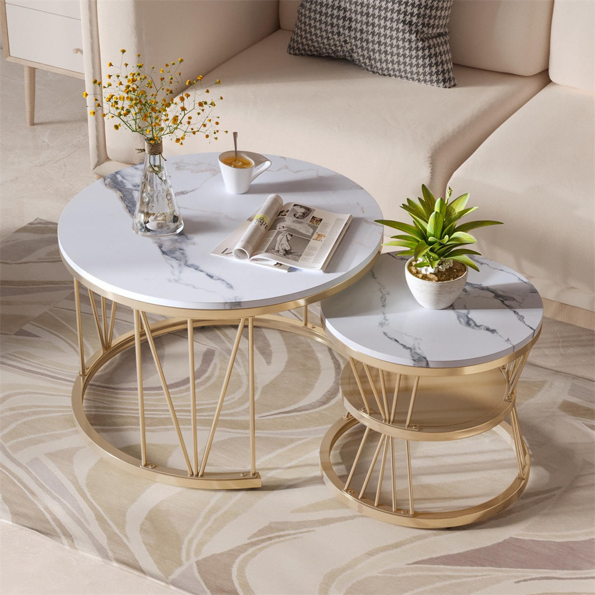 COUCHTISCH 2er-Set - Runder Couchtisch in Marmoroptik mit V-Metallgestell - Weiß und Gold - Goldfarben, Holzwerkstoff (70/70/45cm) - DELFA