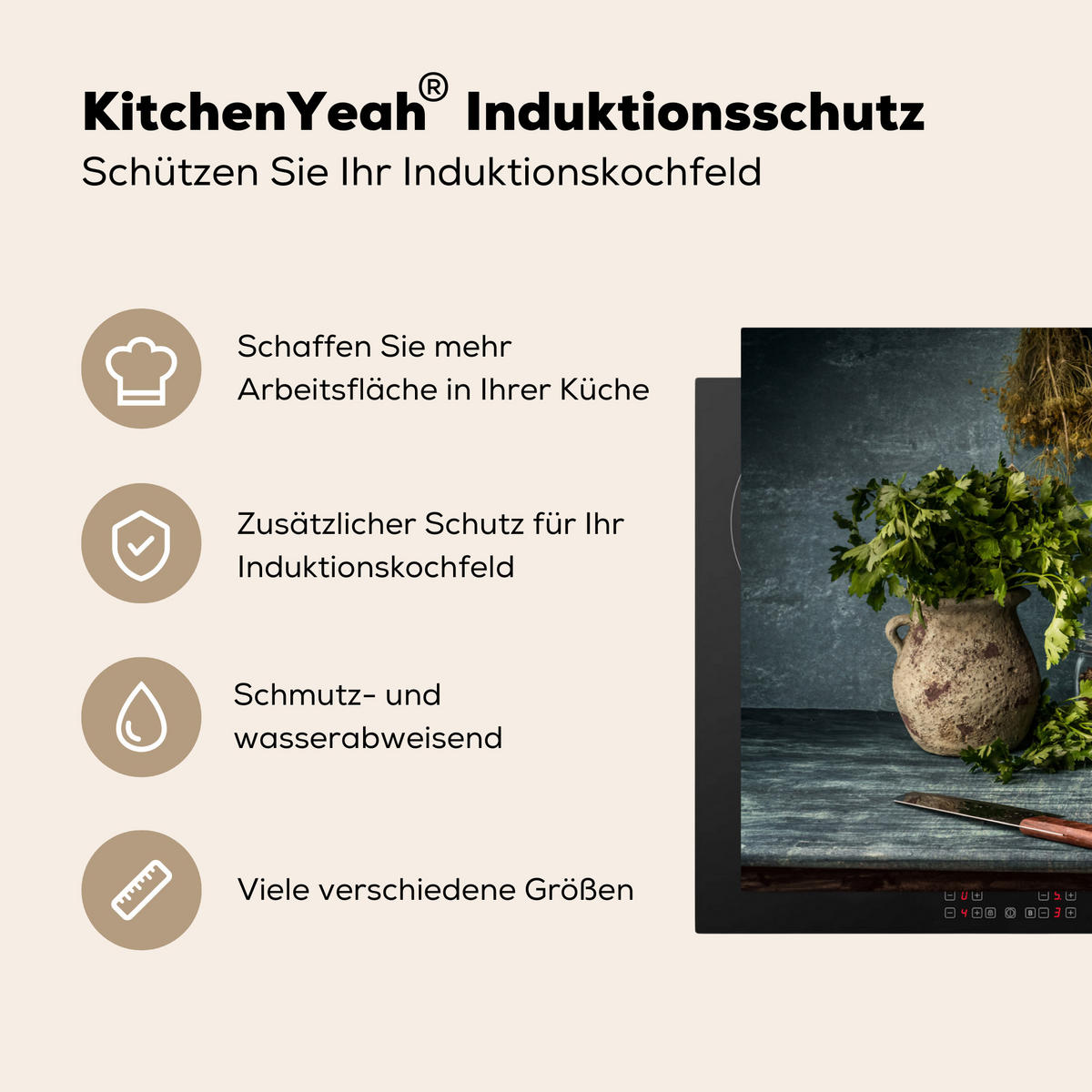 HERDABDECKPLATTE Kräuter - Gewürze - Pfanne - Messer - Grau - Rustikal Induktionsschutz 89.6x51.6 cm - Petrol, Kunststoff (89.6/51.6/0.2cm) - MuchoWow