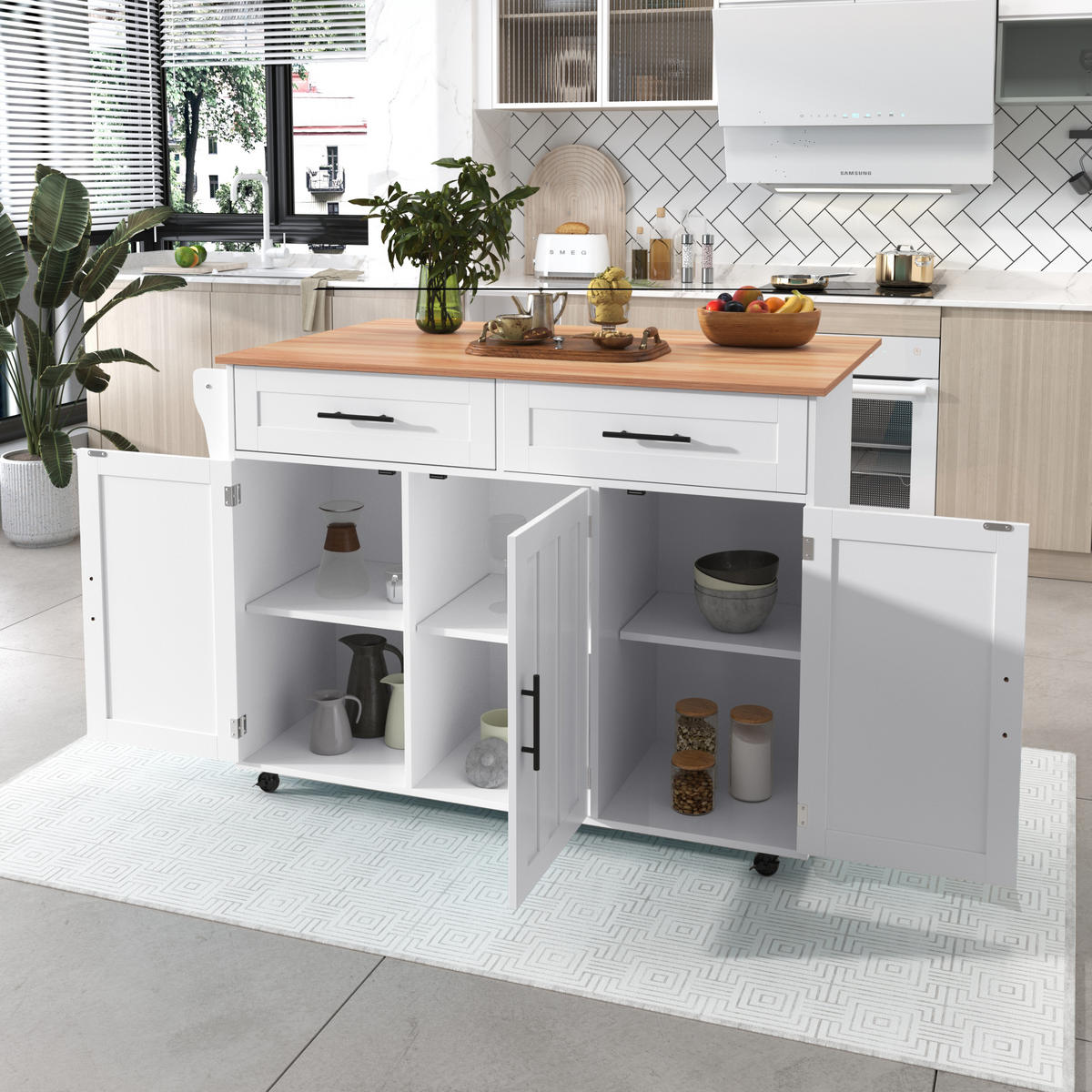 KÜCHENINSEL 129x71x91.5cm Weiß mit Ausziehplatte, Schubladen & Rollen/Füßen - Weiß, Holzwerkstoff (129/91.5/71cm) - Modfu