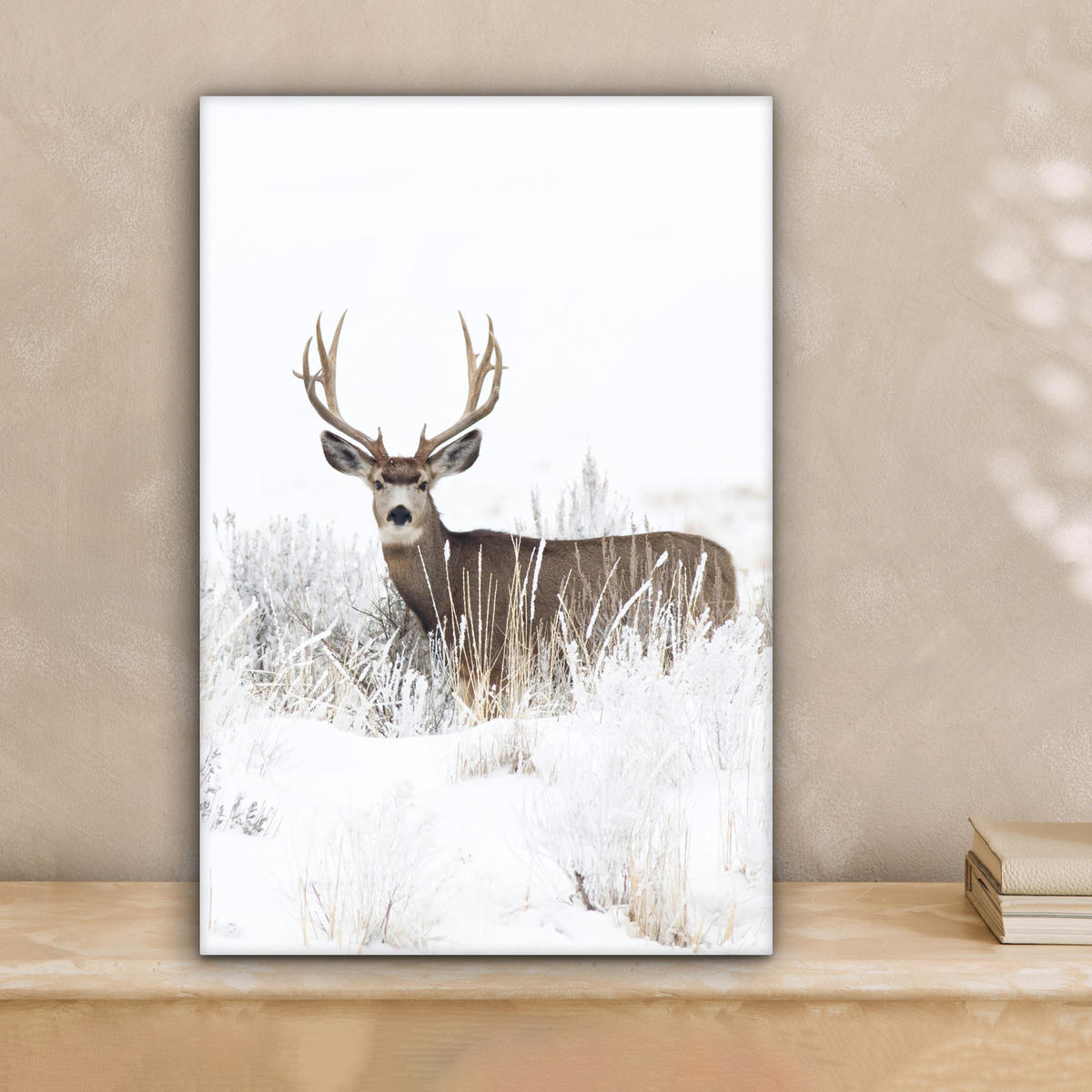 LEINWANDBILD Hirsche - Winter - Schnee - Tiere - Jahreszeiten - Weiß 20x30 cm - Hellbraun, Textil (20/30cm) - MuchoWow